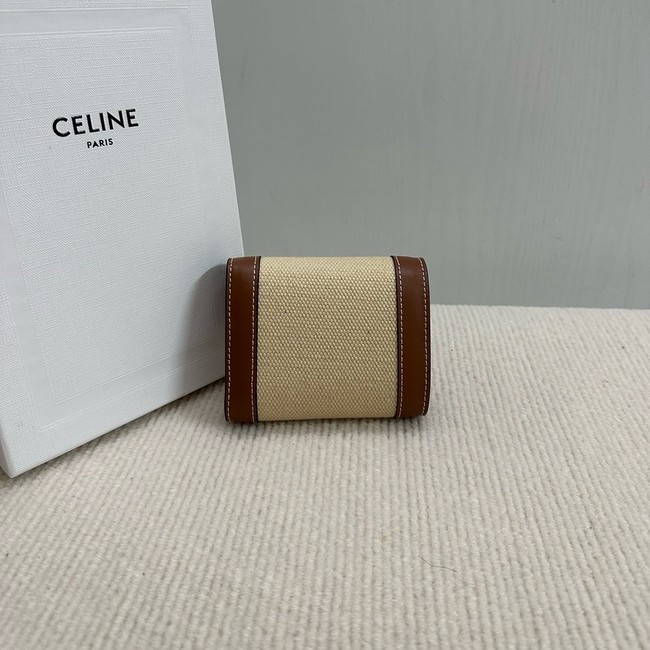 Celine SMALL FLAP WALLET TRIOMPHE IN TEXTILE AND CALFSKIN 10D783 NATURAL & TAN
