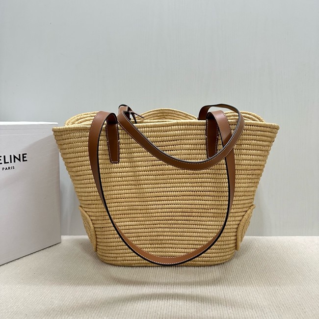CELINE CLASSIC PANIER SMALL BRAIDED TRIOMPHE in RAFFIA and CALFSKIN 116982 NATURAL & TAN