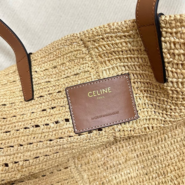 CELINE CLASSIC PANIER SMALL BRAIDED TRIOMPHE in RAFFIA and CALFSKIN 119682 TAN