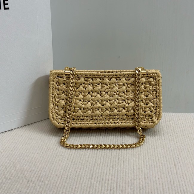 Celine CHAIN SHOULDER BAG CLAUDE IN RAFFIA EFFECT TEXTILE 112252 NATURAL & TAN
