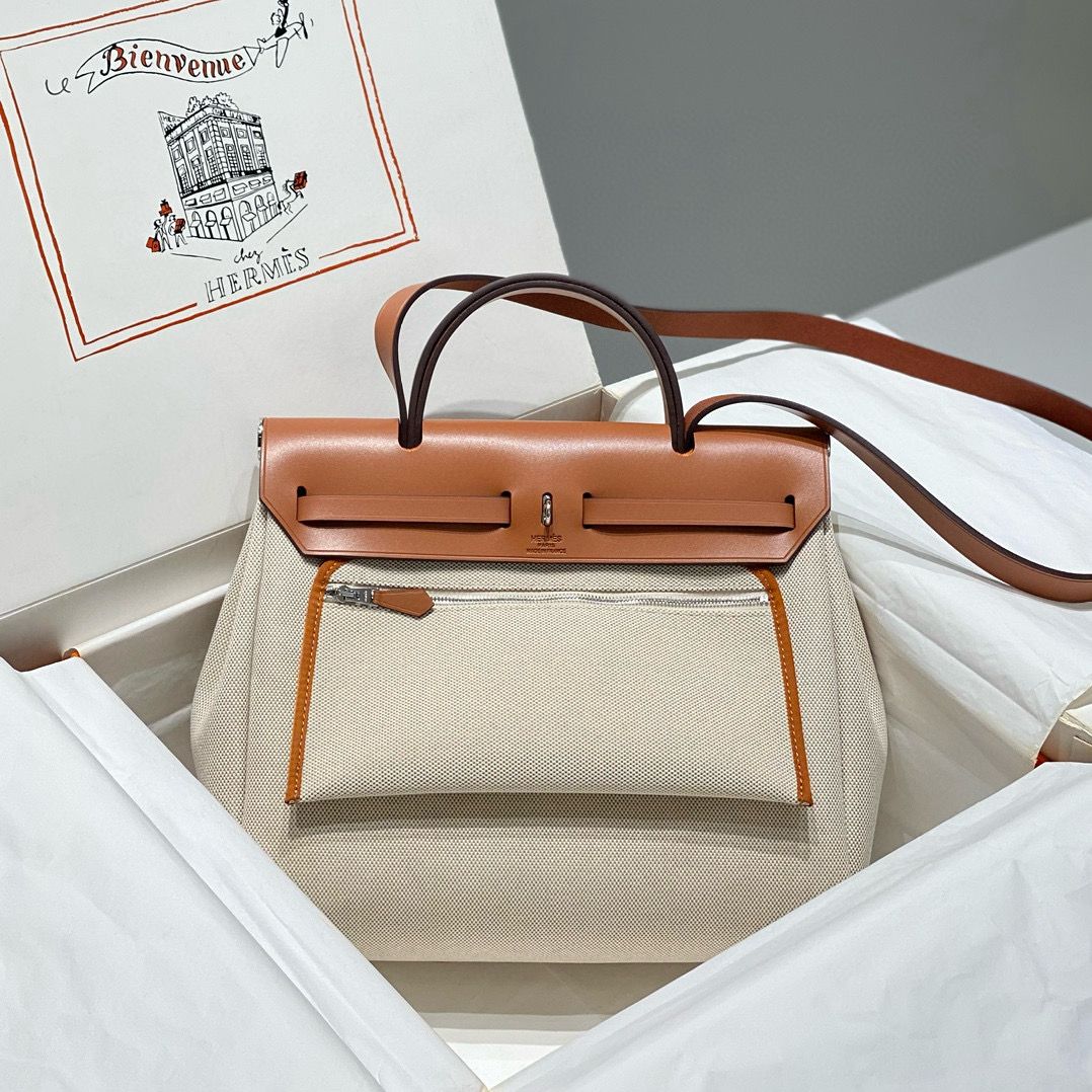 Hermes Herbag 31CM Original Canvas Print Leather & Calfskin 48887 Cream&Brown