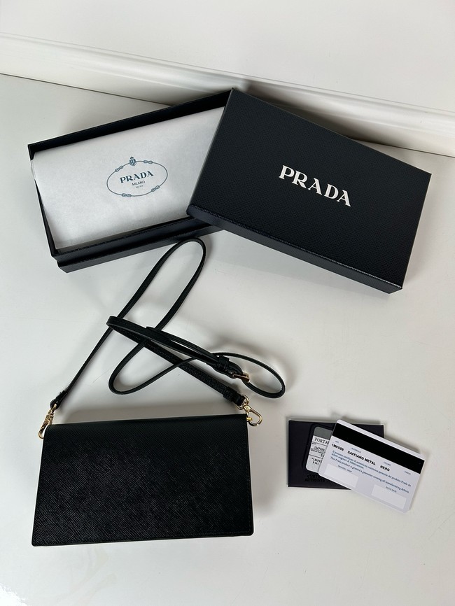 Prada Leather wallet with shoulder strap 1MF059 black