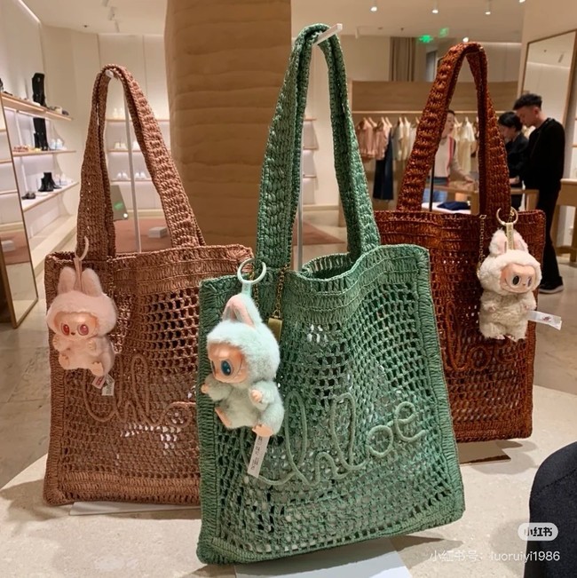 Chloe SUMMER straw and leather tote bag 0824P green
