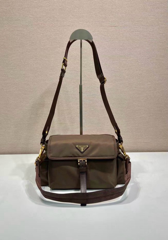 Prada Route medium leather tote bag Re-Nylon 1BD394 dark brown