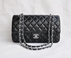 Chanel Classic 2.55 Series Black Lambskin Silver Chain Quilted Flap Bag 1113 Chanel Classic 2.55 Series Black Lambskin Silver Chain Quilted Flap Bag 1113