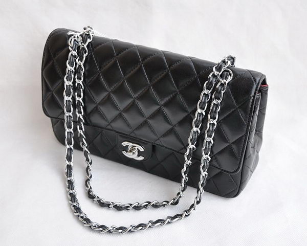 Chanel Classic 2.55 Series Black Lambskin Silver Chain Quilted Flap Bag 1113 Chanel Classic 2.55 Series Black Lambskin Silver Chain Quilted Flap Bag 1113