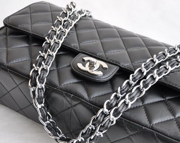 Chanel Classic 2.55 Series Black Lambskin Silver Chain Quilted Flap Bag 1113 Chanel Classic 2.55 Series Black Lambskin Silver Chain Quilted Flap Bag 1113