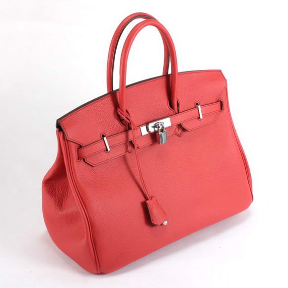 Hermes Birkin 35CM Smooth Leather Handbag 6089 Red Silver