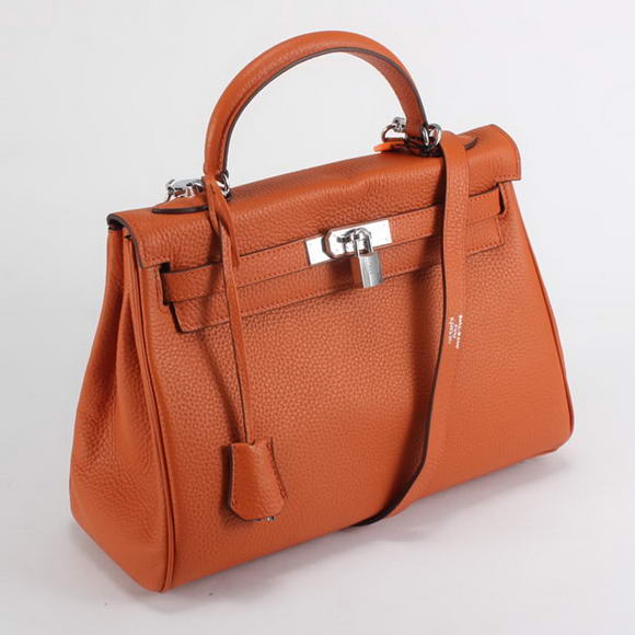 Hermes Kelly 32cm Togo Leather Handbags 6018 Orange Silver Hermes Kelly 32cm Togo Leather Handbags 6018 Orange Silver