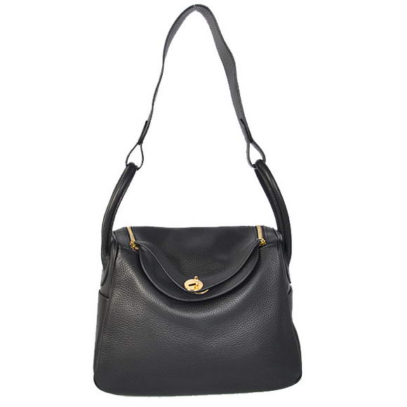 Hermes Lindy 30CM Havanne Handbags 1057 Black Leather Golden Hardware