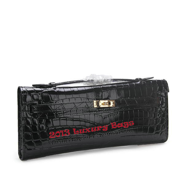 Hermes Kelly Clutch Bag Croco Leather K1002 Black Hermes Kelly Clutch Bag Croco Leather K1002 Black