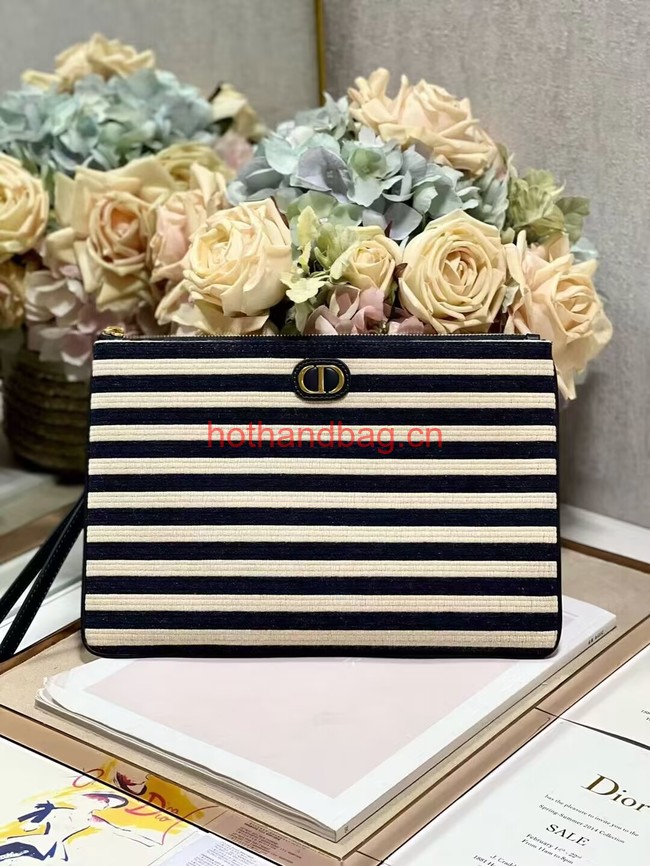 LARGE DIOR CARO DAILY POUCH Natural and Denim Blue Mariniere Raffia S5086UGAK LARGE DIOR CARO DAILY POUCH Natural and Denim Blue Mariniere Raffia S5086UGAK