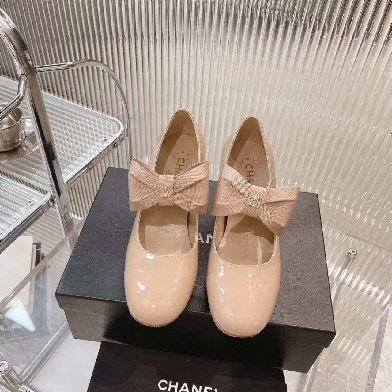 Chanel 24C Bow Mary Jane Shoes Original Patent Calf Leather 55MM Heels C85923 Nude Chanel 24C Bow Mary Jane Shoes Original Patent Calf Leather 55MM Heels C85923 Nude