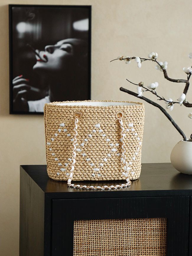 CHANEL Braided Straw Shoulder Bag AS5955 Apricot and white